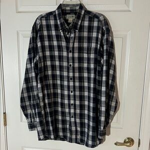 Vintage L.L. Bean Men's Cotton Navy White Green Tartan Plaid Shirt, Sz XL-TALL